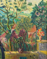 Картины - Мадлен Руар, Пейзаж с цветами в вазе
