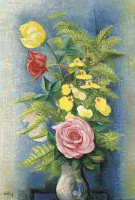 Картины - Моше Кислинг, Розы и папоротник в вазе