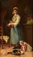 Картины - Мария Николае, Сцена на кухне с кормлением кошки