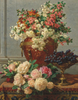 Картины - Жан Батист Роби, Цветы в вазе и фрукты в чаше