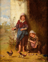 Картины - Генри Джозеф Компотосто. Девочки и куры с цыплятами