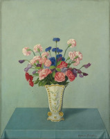 Картины - Антонио Донги. Розы, васильки, душистый горошек и гвоздики в вазе
