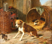 Картины - Карл Рейхерт, Мастиф, котёнок и щенки