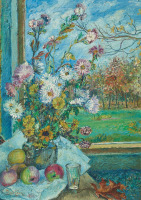 Картины - Давид Бурлюк. Натюрморт с цветами у окна