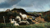 Картины - Симон Симонсен. Прибрежный пейзаж с овцами в дюнах