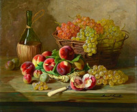 Картины - Альфред Брунель де Невиль. Виноград, персики и бутыль фиаск