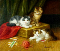 Картины - Альфред Брунель де Невиль. Три котёнка и клубок ниток