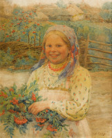 Картины - Федот Сычков. Девочка в платке с ветками рябины