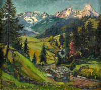Картины - Мари Хагер. Горный пейзаж с хижиной Альмхютте