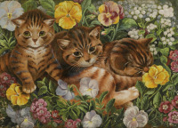 Картины - Луи Уэйн. Три котёнка на цветочной клумбе
