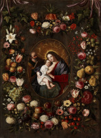 Картины - Ян Брейгель младший. Святое Семейство в цветочной гирлянде