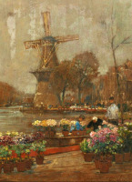 Картины - Ганс Херрманн. Цветочный рынок с видом на мельницу в Амстердаме