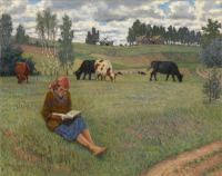 Картины - Николай Богданов-Бельский. Пастушка с книгой на лугу