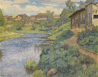 Картины - Николай Богданов-Бельский. Деревня на берегу ручья