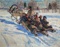 Картины - Николай Богданов-Бельский. Крестьянские дети. В школу в санях по зимней дороге.