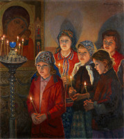 Картины - Николай Богданов-Бельский. Дети в церкви