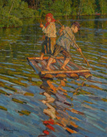 Картины - Николай Богданов-Бельский. Крестьянские дети. Переправа через реку. Крестьянские дети на плоту