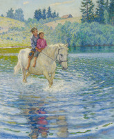 Картины - Николай Богданов-Бельский. Весенний пейзаж. Крестьянские дети верхом на лошади