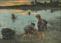 Картины - Николай Богданов-Бельский. Рыбалка на озере