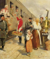 Картины - Николай Богданов-Бельский. На платформе. Проходящий поезд