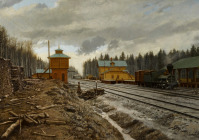 Картины - Е. Козлов. Железнодорожная станция. Вечерний пейзаж