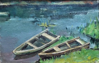 Картины - Генрих Бржозовский. Лодки у речного берега