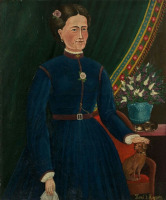 Картины - Анри Руссо. Портрет женщины с букетом  сирени, кошкой и собачкой