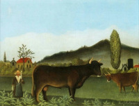 Картины - Анри Руссо. Пейзаж Пастбище с коровами. Женщина с прялкой