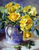 Картины - Энн Коттерилл. Жёлтые розы в белом кувшине с росписью. Воспоминания о лете