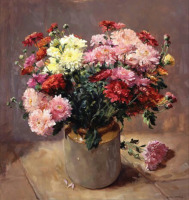 Картины - Розовые и белые хризантемы в керамической вазе