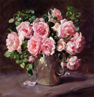 Картины - Розовые розы в серебряном кофейнике