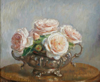 Картины - Нора Хейзен. Розы в серебряной вазе