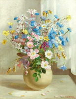 Картины - Нора Хейзен. Натюрморт Садовые цветы в белой вазе у окна