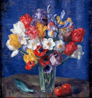 Картины - Нора Хейзен. Весенние цветы в стеклянной вазе и помидоры на столе