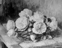 Картины - Нора Хейзен.  Розы в корзине на стуле