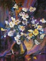 Картины - Лаура Комбс Хиллс. Белые и жёлтые цветы в вазе