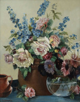 Картины - Лаура Комбс Хиллс. Кентерберийские колокольчики, дельфиниум и розы в вазе