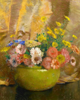 Картины - Лаура Комбс Хиллс. Цинии и луговые цветы в жёлтой вазе