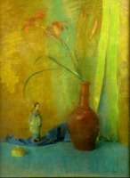 Картины - Лаура Комбс Хиллс. Оранжевые лилии в вазе и китайская статуэтка