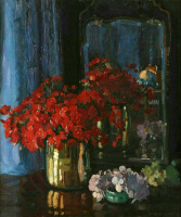 Картины - Герберт Дэвис Рихтер. Красные цветы в латунной вазе и зазеркалье