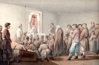 Картины - Картини художника Юзефа Беркмана (1838-1919). Богослужіння у Сибірській камері. Папір,акварель. Папір,акварель.