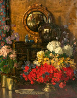 Картины - Герберт Дэвис Рихтер. Интерьер с цветами и сферическим зеркалом