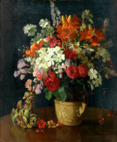 Картины - Герберт Дэвис Рихтер. Лилии, розы, герань в вазе и статуэтка