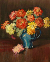 Картины - Герберт Дэвис Рихтер. Оранжевые и жёлтые хризантемы в голубом кувшине