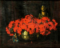 Картины - Герберт Дэвис Рихтер. Красная герань в вазе и статуэтка Будда