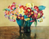 Картины - Герберт Дэвис Рихтер. Разноцветные примулы в стеклянной вазе