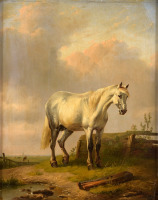Картины - Эжен Жозеф Вербекховен. Пасторальный пейзаж с белой лошадью