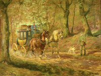 Картины - Вильгельм Вестероп. Экипаж в осеннем лесу и охотник с собакой