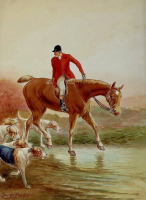 Картины - Джордж Рэнкин. Охотник на рыжей лошади и свора гончих у ручья