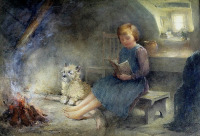 Картины - Эндрю Рэнкин. Девочка  с книгой и шотландский терьер у очага